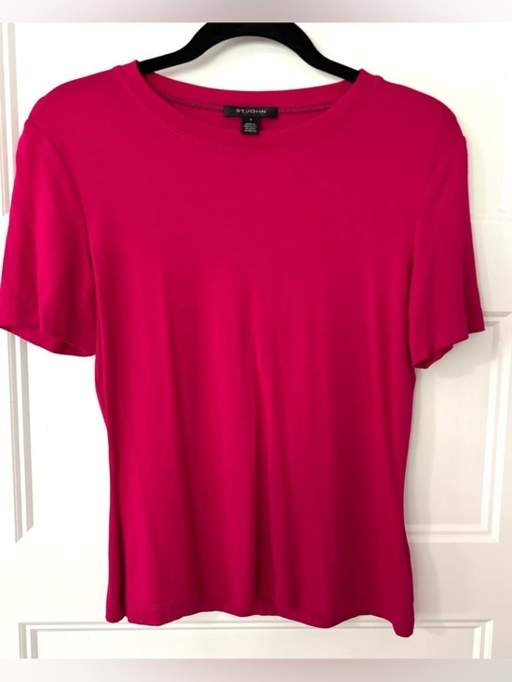 St John Pink Short Sleeve Top Size M Luxury Stretch Tee Minimal Chic Soft Basics